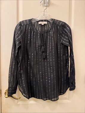LOFT Black Striped Tassel Tie Blouse